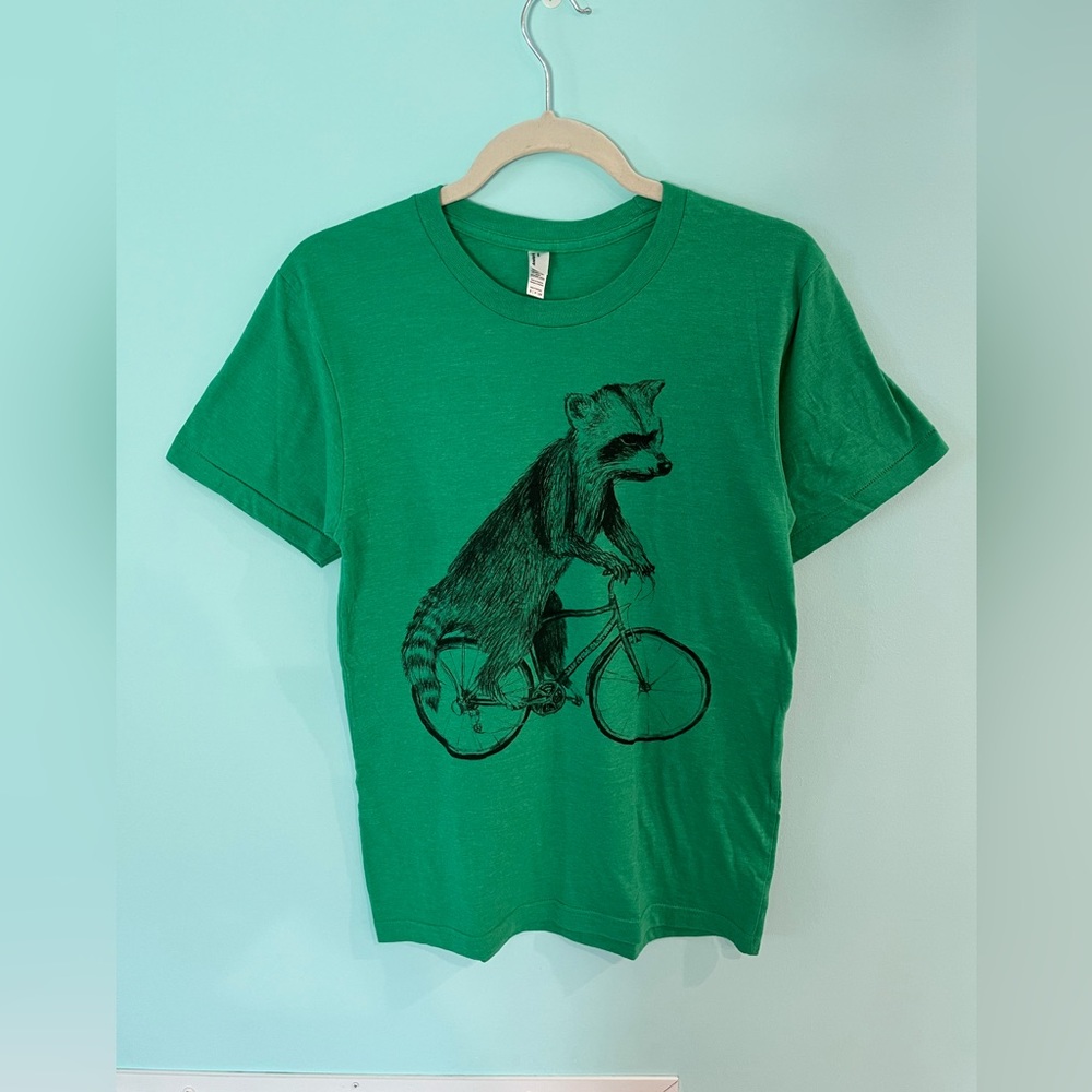 Mens small raccoon on a bike tshirt from Etsy